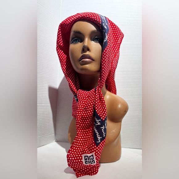 Givenchy Vintage Red Blue Silk Logo Scarf - Picture 5 of 13